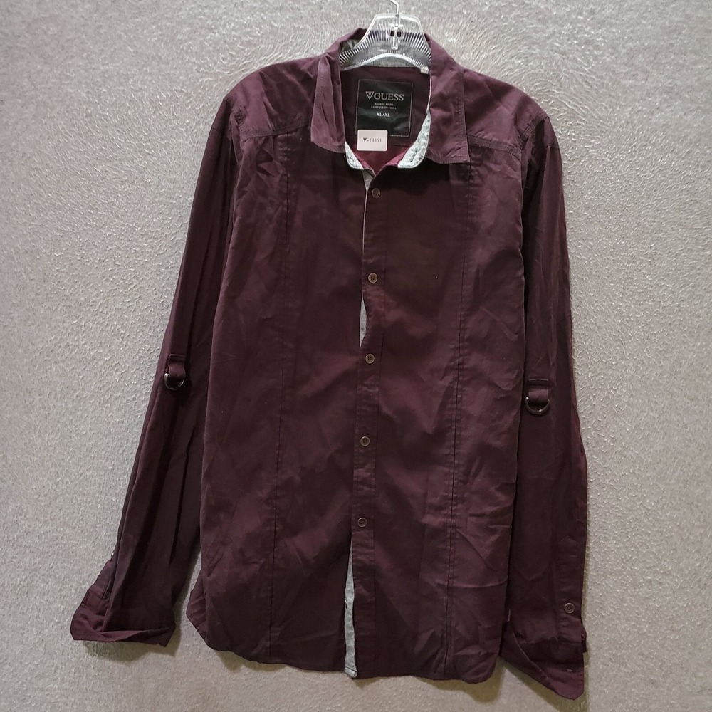 Guess Men Button Up Shirt XL Red Cotton Roll Tab Long Sleeve Collar